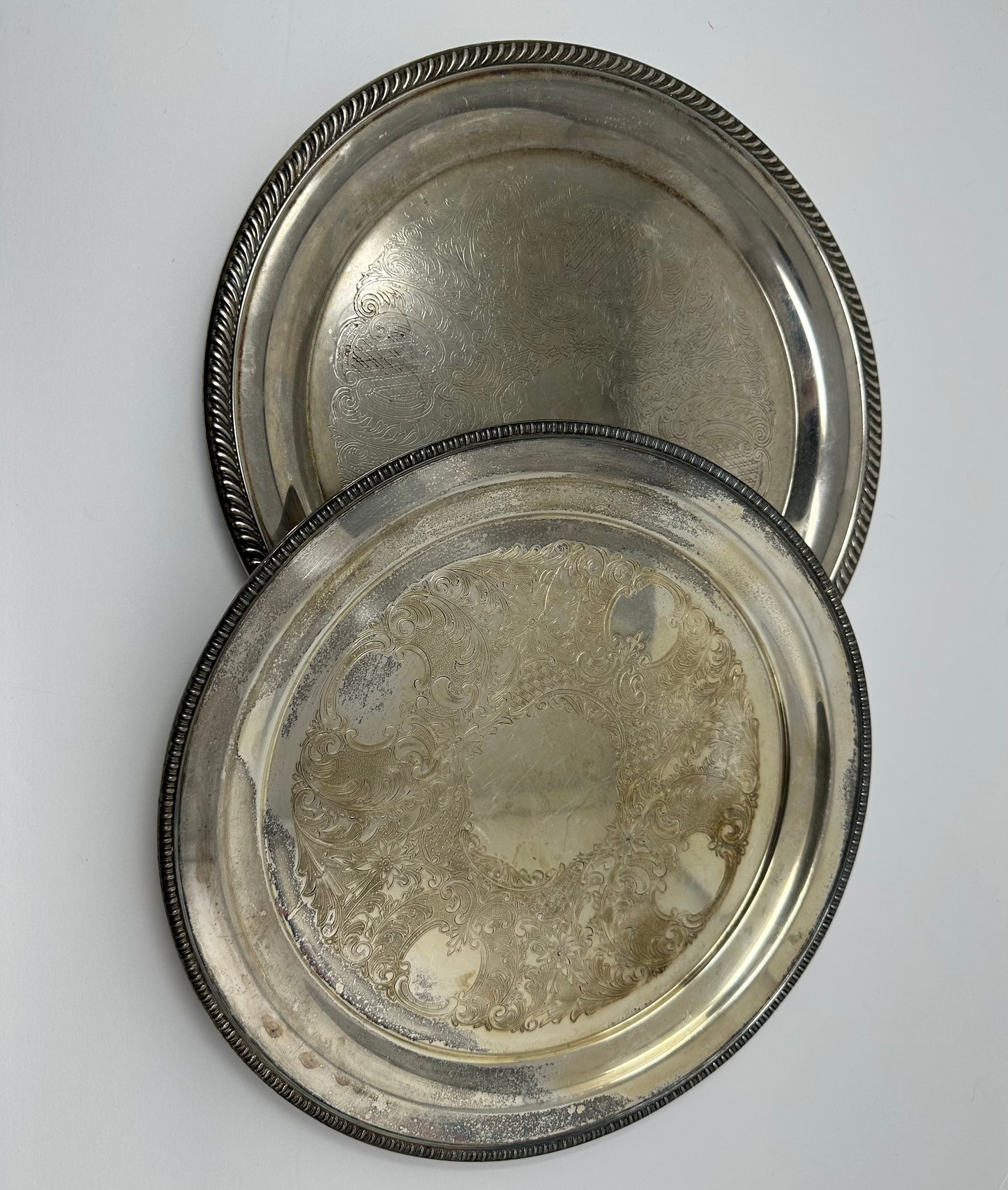 Round Vintage Silver Embossed Tray - set of 2