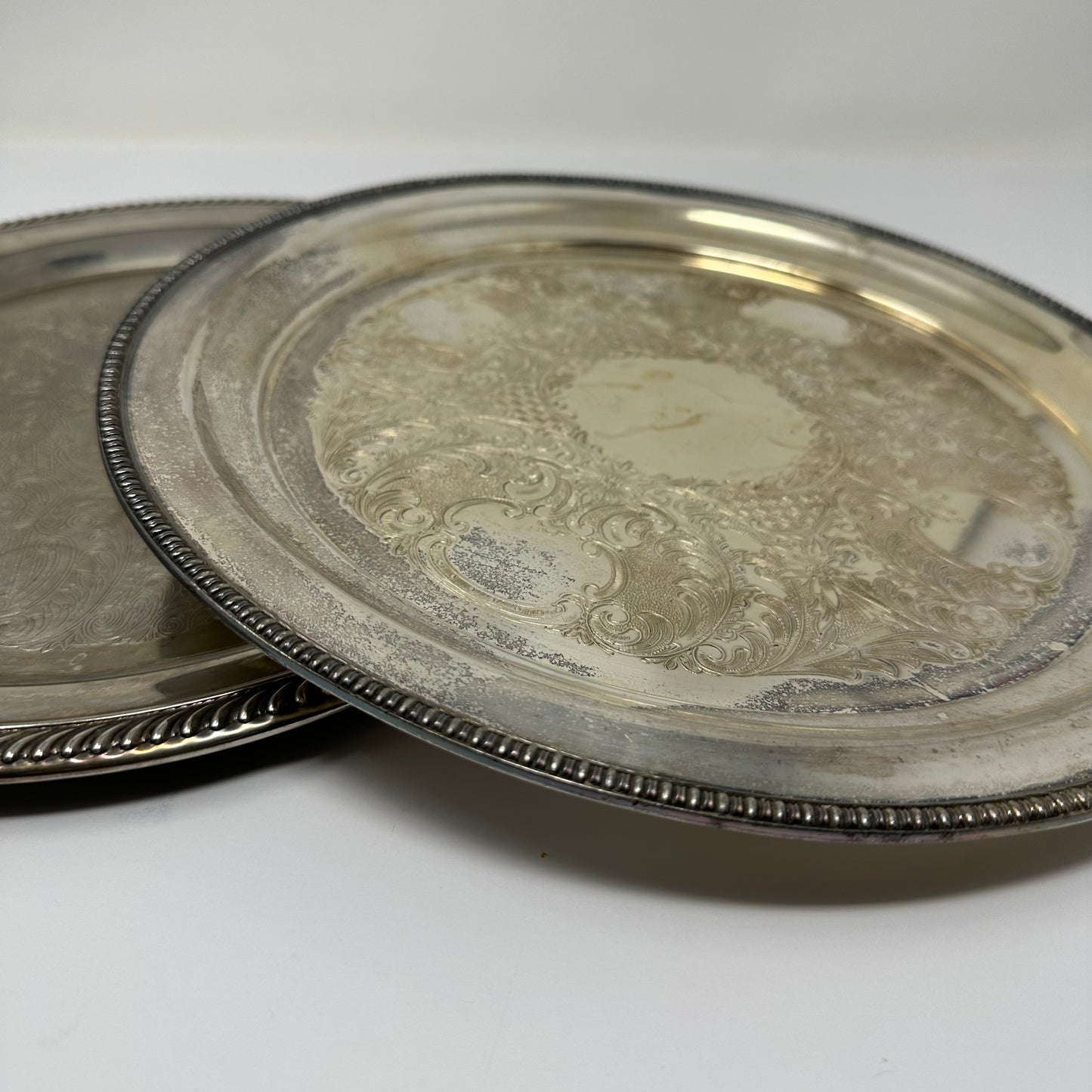 Round Vintage Silver Embossed Tray - set of 2